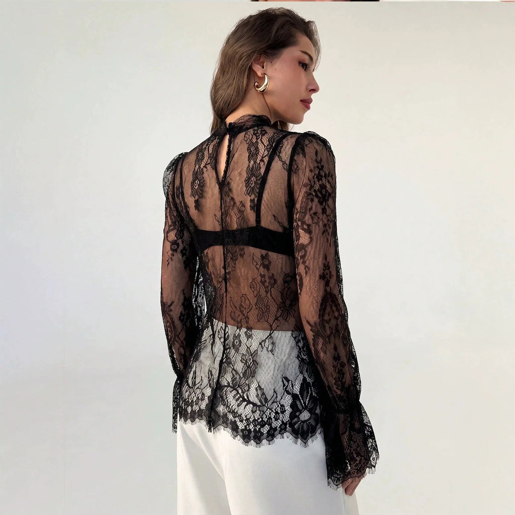 White Tops Sexy Mesh Blouses Transparent Elegant See-Through Black Blouse Shirt Women Lace Floral Embroidery Blouses Shirt Woman