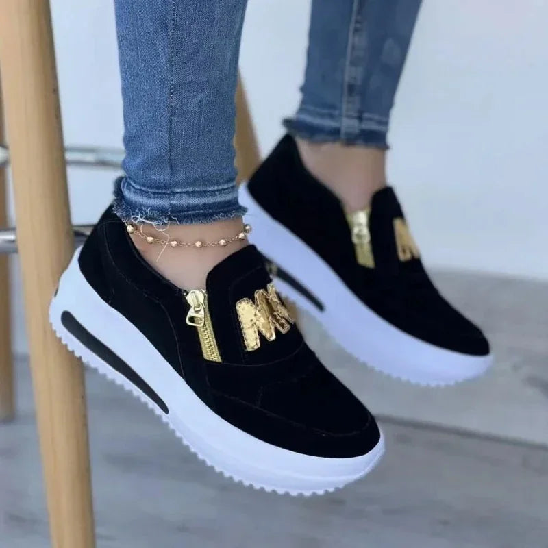 Zapatillas planas de lona con plataforma, sin cordones y con cremallera para mujer