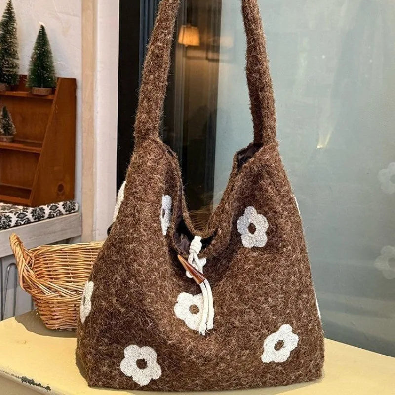 Flower Embroidered Felt Shoulder Tote Bag for Women
