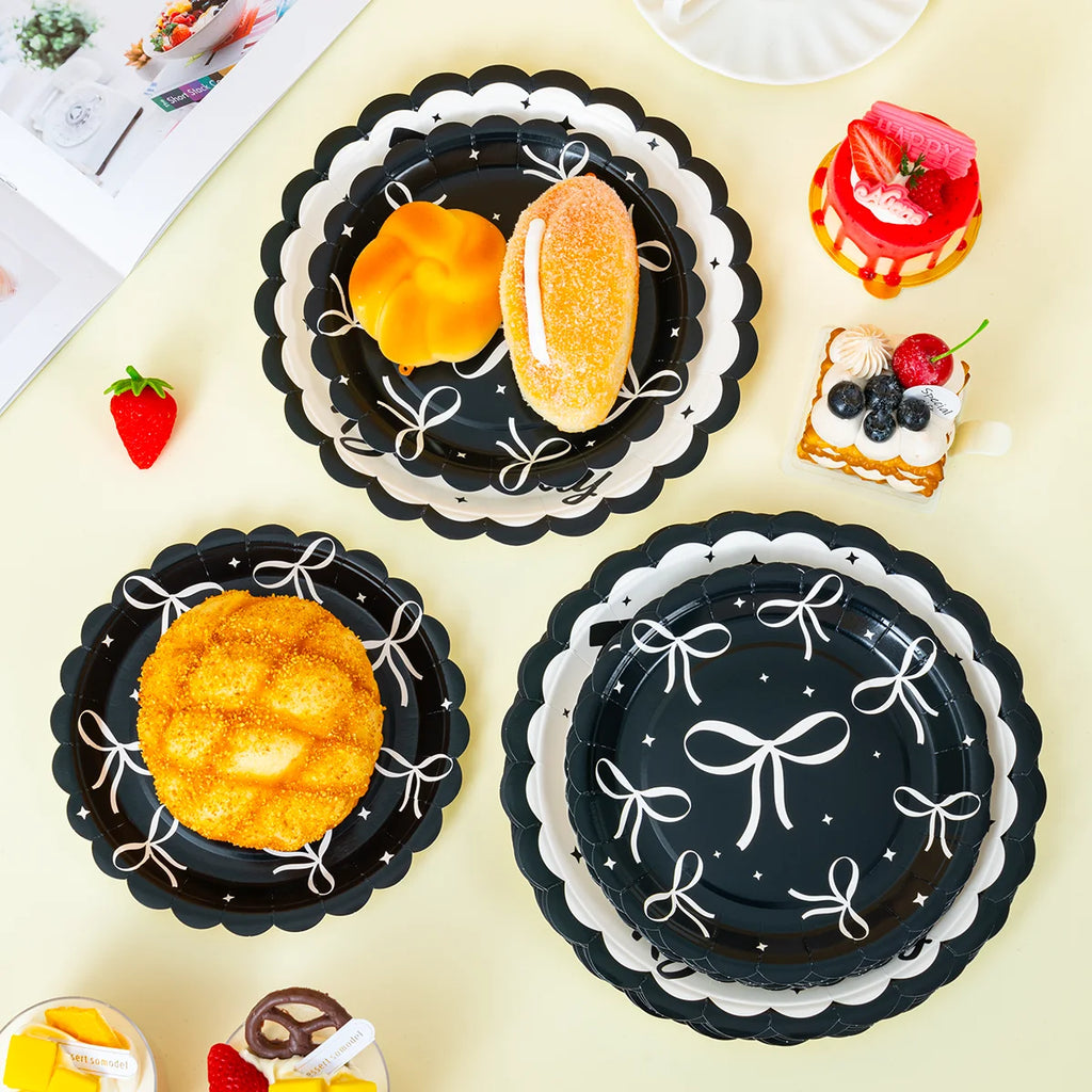 Black White Bow Print Disposable Paper Plates, Happy Birthday Themed Paper Plates for Party and Celebrations