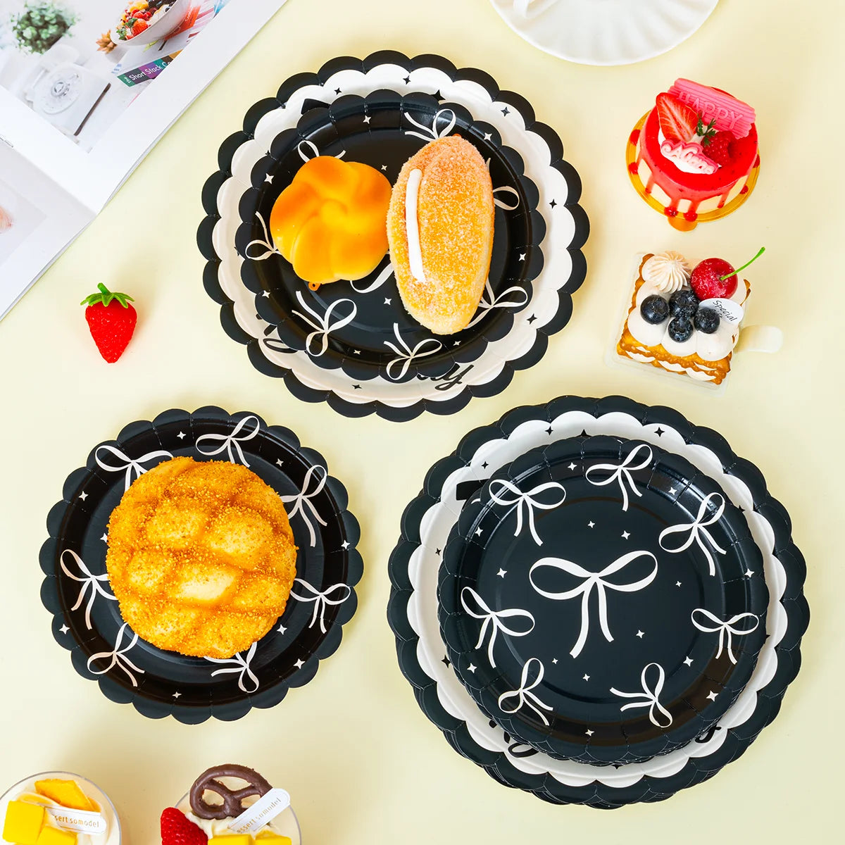 Black White Bow Print Disposable Paper Plates, Happy Birthday Themed Paper Plates for Party and Celebrations