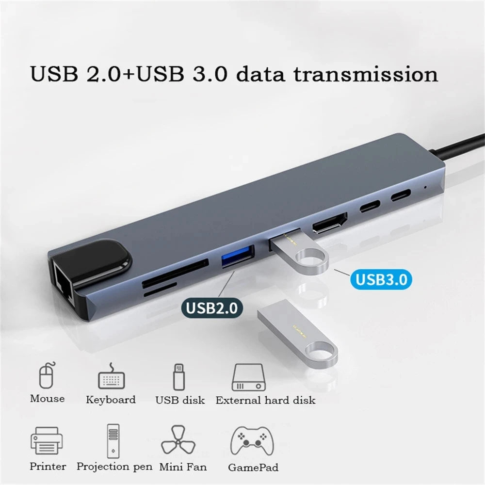 Hub USB-C 8 en 1 TelDaykemei con HDMI 4K, RJ45, lector de tarjetas SD/TF