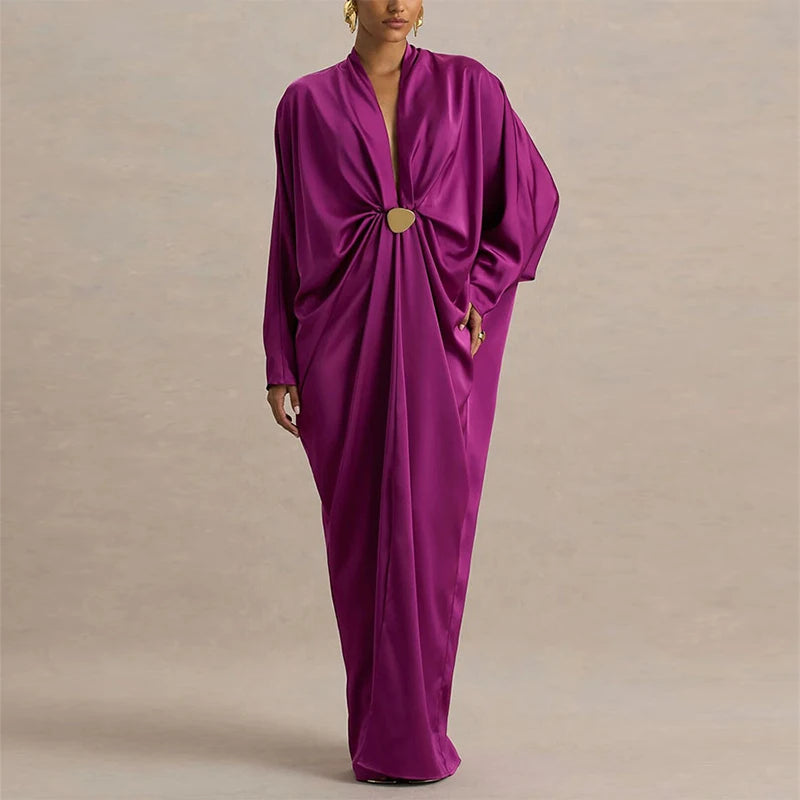 Vestido plisado de mujer hasta los tobillos con cuello en V y mangas murciélago