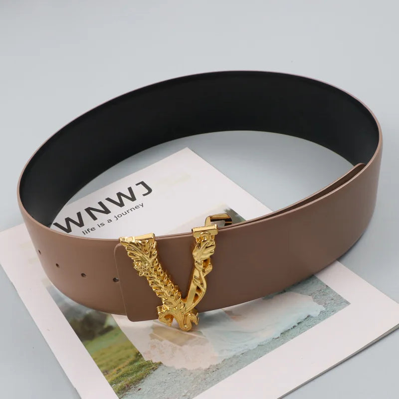 Width 6.5CM Waist Belt Women Metallic Gold Large V-Shaped Cowhide Decoration Versatile Fashion Commuter Dress Jacket Jeans Belt