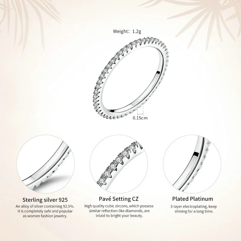 BAMOER 925 Sterling Silver Full Zircons Band Ring Rainbow CZ Geometric Stackable Circle Rings for Women Wedding Jewelry Gift