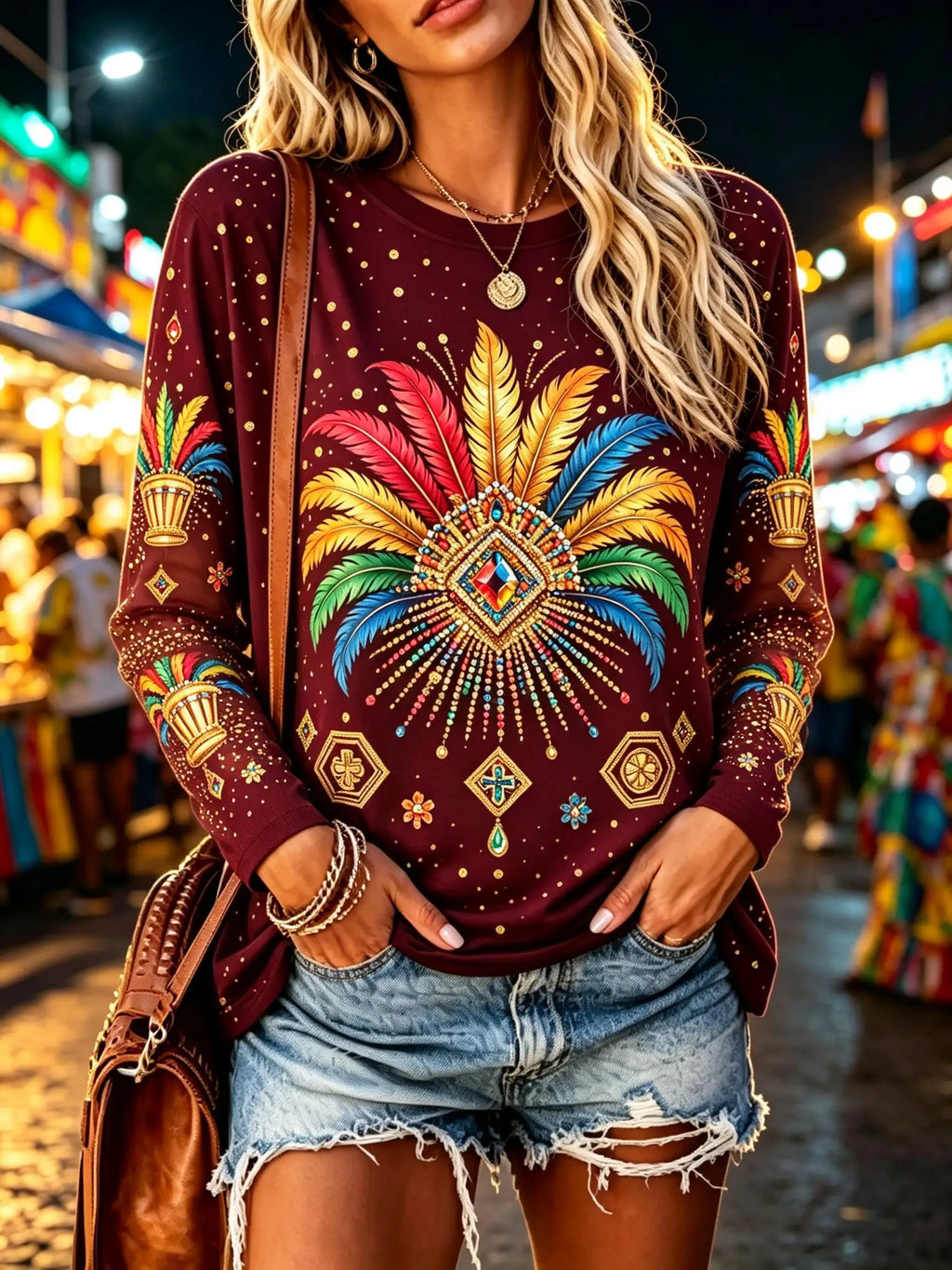 Women Crew Neck Long Sleeve T Shirt Teal Feather Diamond Celestial Ethnic Print Oversized Loose Casual Top