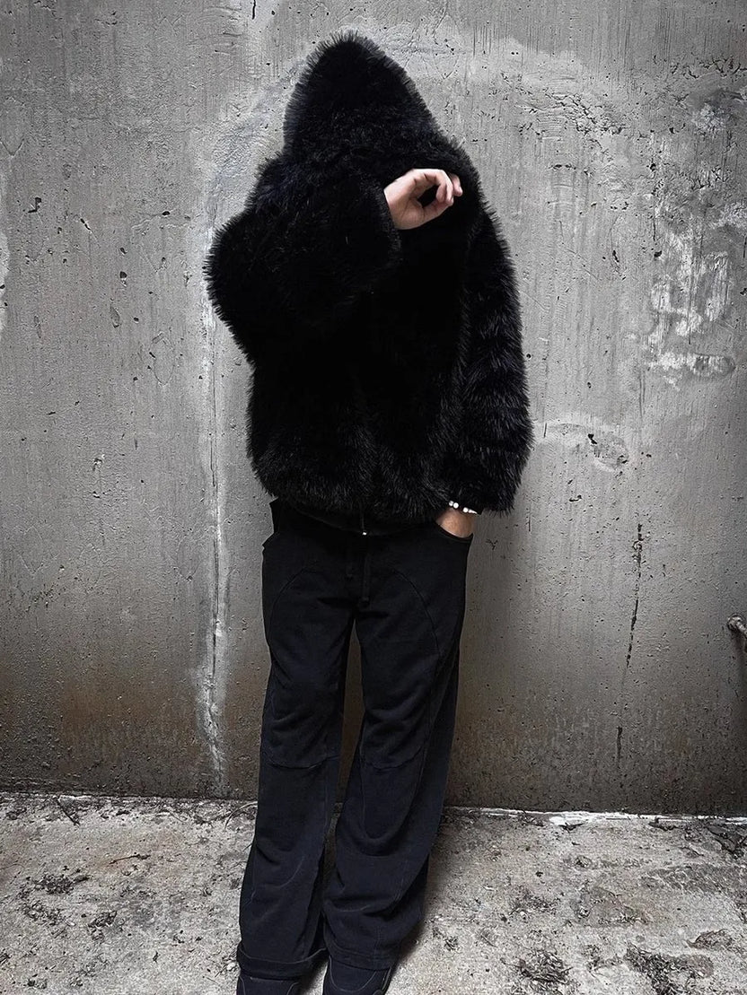 Mauroicardi höst/vinter oversized förtjockad varm svart vändbar fuskpäls parkas för män med huva dragkedja fluffig jacka 2025