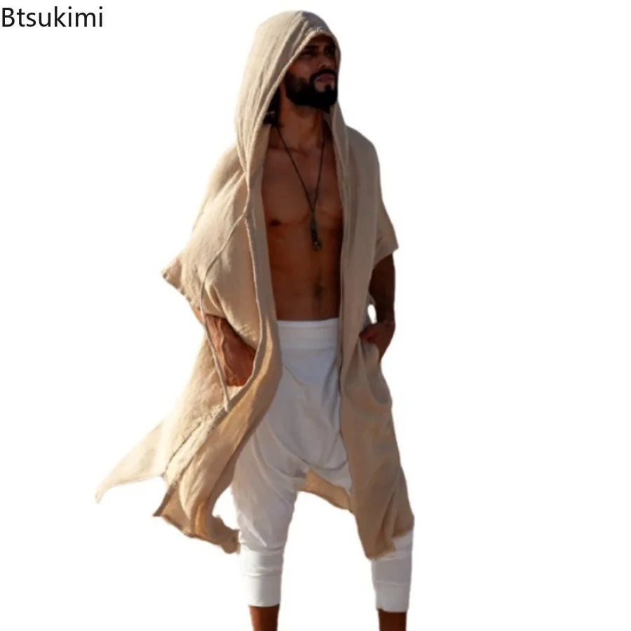2026 Men's Summer Mid-Length Cardigans Loose Casual Sun Protection Clothes Beach Holiday Style Shawl Coat Male Long Hooded Cape