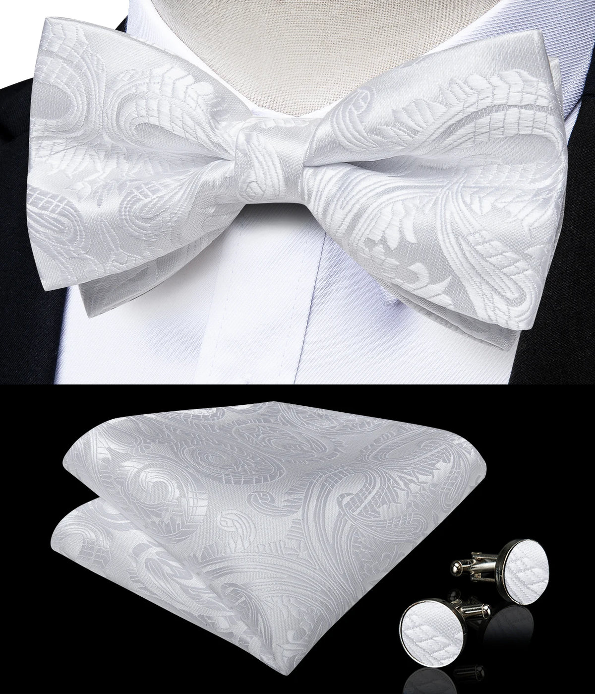 Luxury White Men's Suspenders Adjustable 6 Clips Braces DiBanGu Leather Metal Pre-Tied Bow Tie Brooch Pocket Square Set