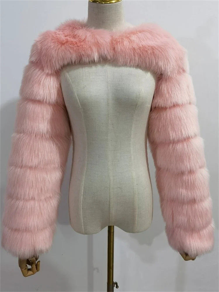 Winter Warm Clothes 2022 Pink Black Faux Fur Coats Women Long Sleeve Crop Top Gray White Faux Fur Jackets for Women Wholesale