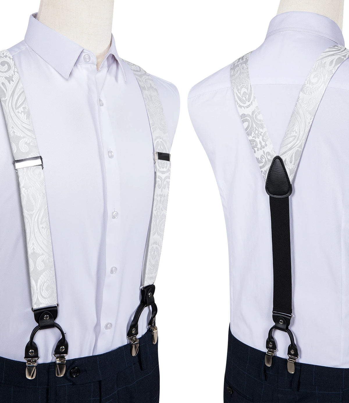 Luxury White Men's Suspenders Adjustable 6 Clips Braces DiBanGu Leather Metal Pre-Tied Bow Tie Brooch Pocket Square Set
