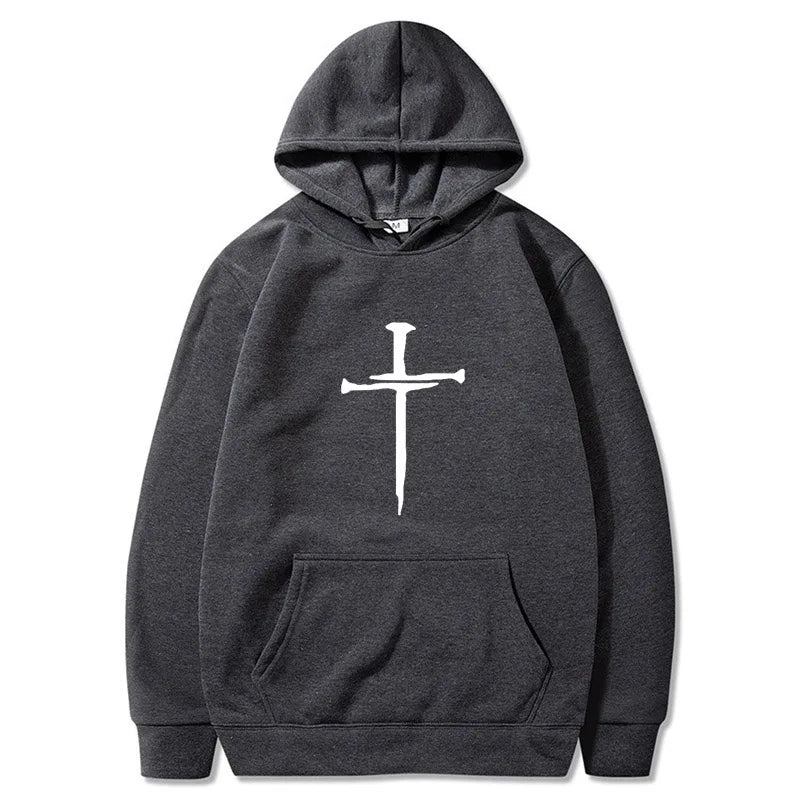 Herr-huvtröja med korsgrafik – Svart ledig tröja med religiöst tryck, moderiktigt streetwear för höst/vinter