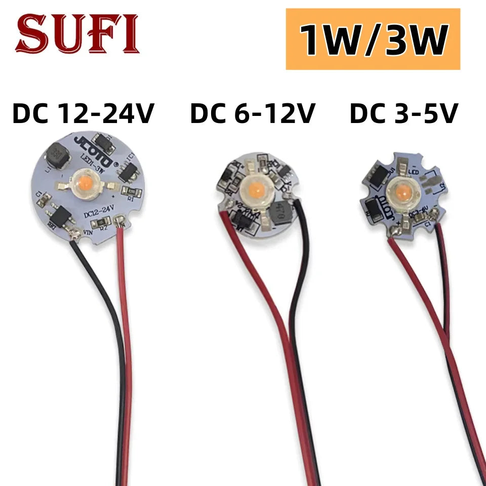 Płytka świetlna LED 1W 3W, układ bezsterownikowy DC3-5V/6-12V/12-24V, moduł źródła światła zasilany bateryjnie z przewodem 15 cm do samodzielnego montażu żarówki