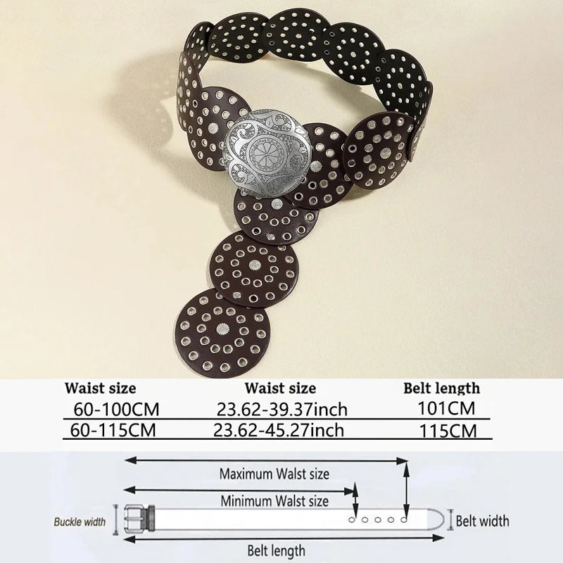 Cinturón de mezclilla estilo vaquero para mujer, metal de alta calidad, hueco, tendencia para damas, cintura ancha, vintage, personalizado, redondo, DT148
