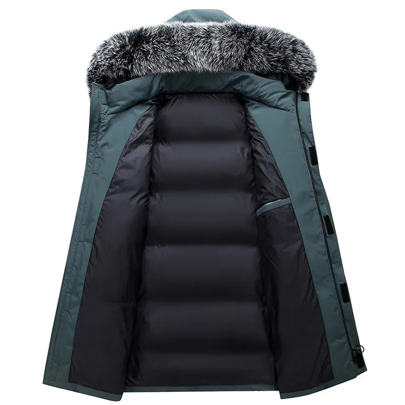 Autumn Winter Long Men Windproof Down Jacket Coats Mens Warm White Duck Down Hooded Jacket Parkas Multi Pockets Overcoat Male