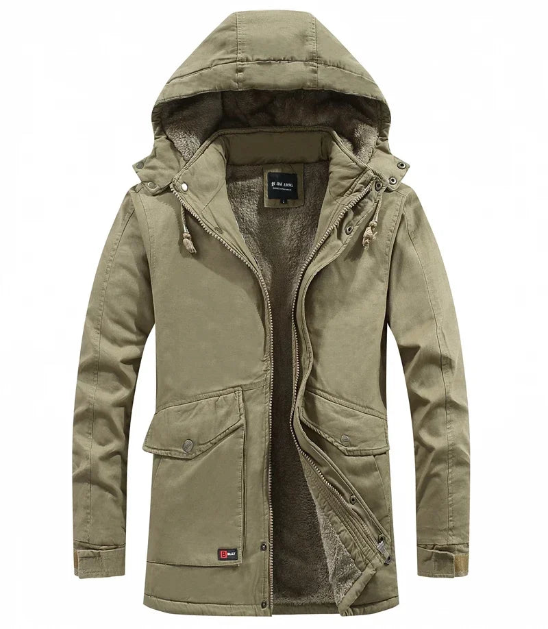 Męska kurtka parka w stylu militarnym, wiatroszczelna z kapturem, z bawełny typu washed, ocieplana grubym polarem, ciepła kurtka zimowa typu varsity w stylu casual, nowość
