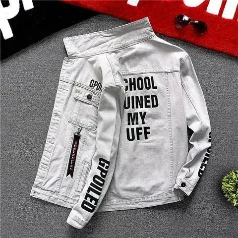 Jeans Coat for Men Hip Hop With Print Ripped Button Black Hole Denim Jackets Man Size L Large Lxury Worn Cowgirl Fast Delvery G
