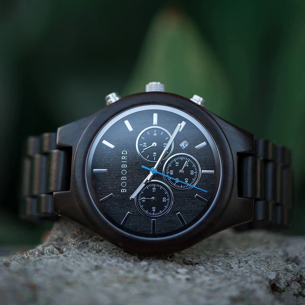 Reloj de pulsera cronógrafo BOBO BIRD para hombre, de madera, cuarzo, con fecha automática, cronómetro, multifuncional, Relogio Masculino personalizado