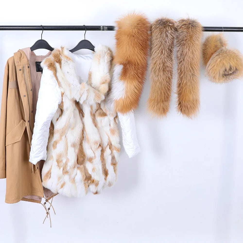 MAOMAOKONG 2026 Removable Real Fox Fur Collar Coats Woman Winter Jacket Hooded Rabbit Fur Lining Long Parkas Female Clothes