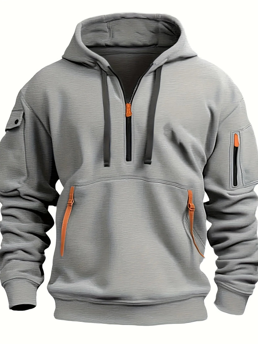Autumn Winter Men's Hooded Hoodies Solid Long Sleeve Multi-Pocket Zipper Pullover Sports Sweatshirt Harajuku Casual Streetwear