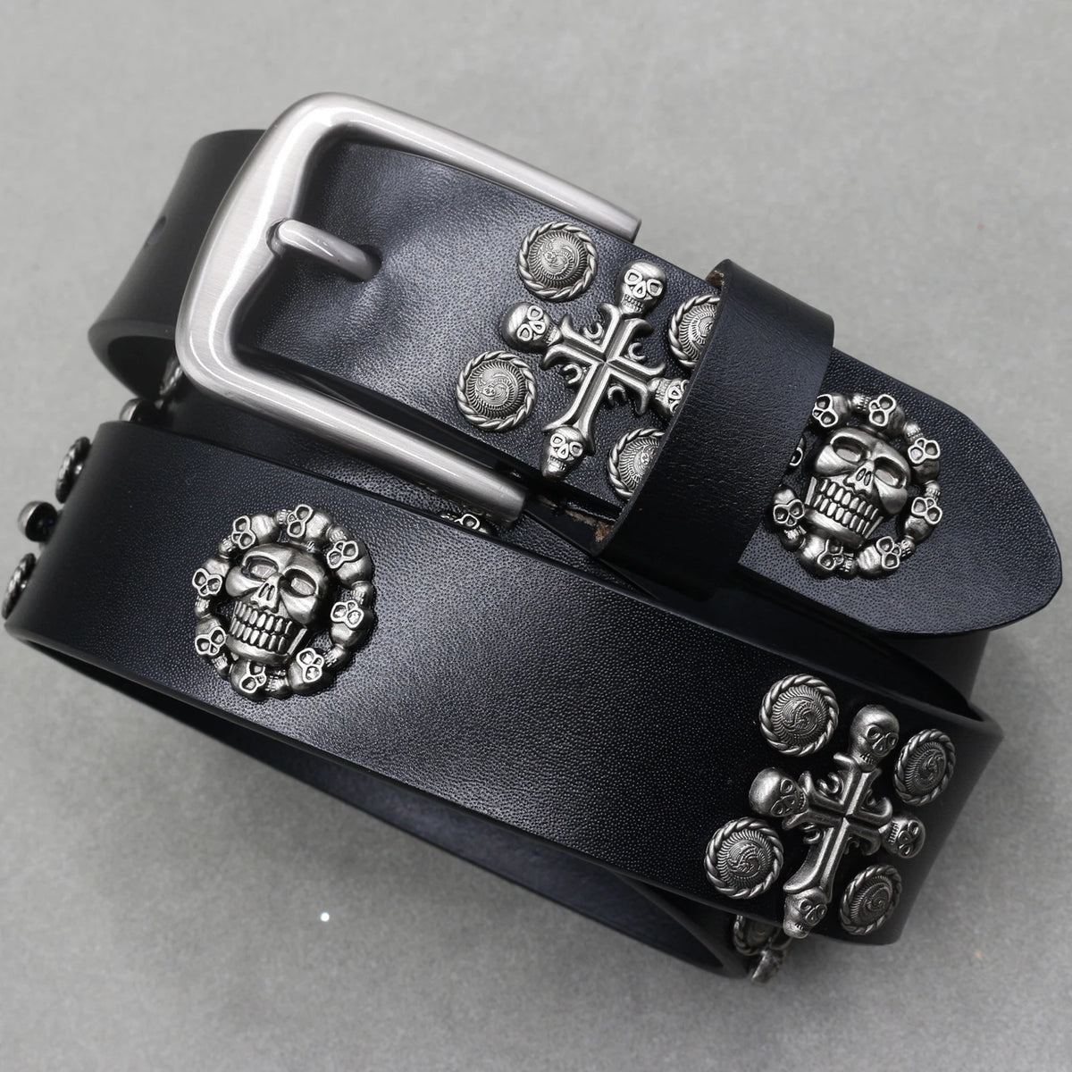 Cinturón de cuero genuino estilo punk heavy metal, cinturones de hip hop para hombre con remaches de cruz, cinturón para vaqueros, correa masculina, cinturón de diseñador para hombre