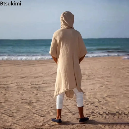 Herren-Strickjacke, mittellang, 2026, sommerlich, locker, lässig, Sonnenschutz, Strandurlaub, Schalkragen, langer Kapuzenmantel, Herren