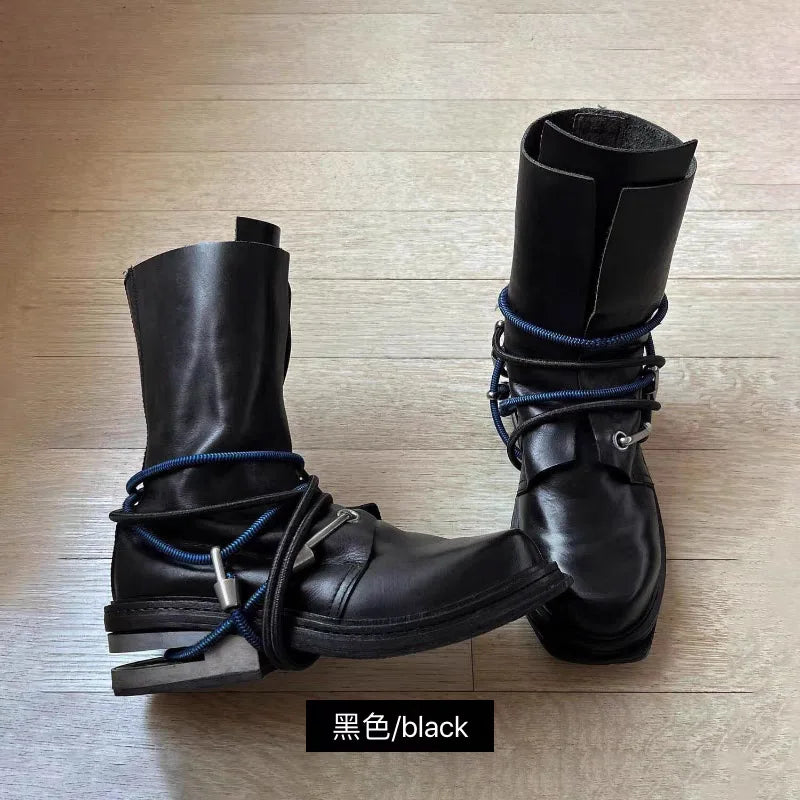 Fashion Men's Genuine Leather Motorcycle Boots Strange Metal Chunky Heel Mid-Calf Round Toe Elastic Band Western Boots Women