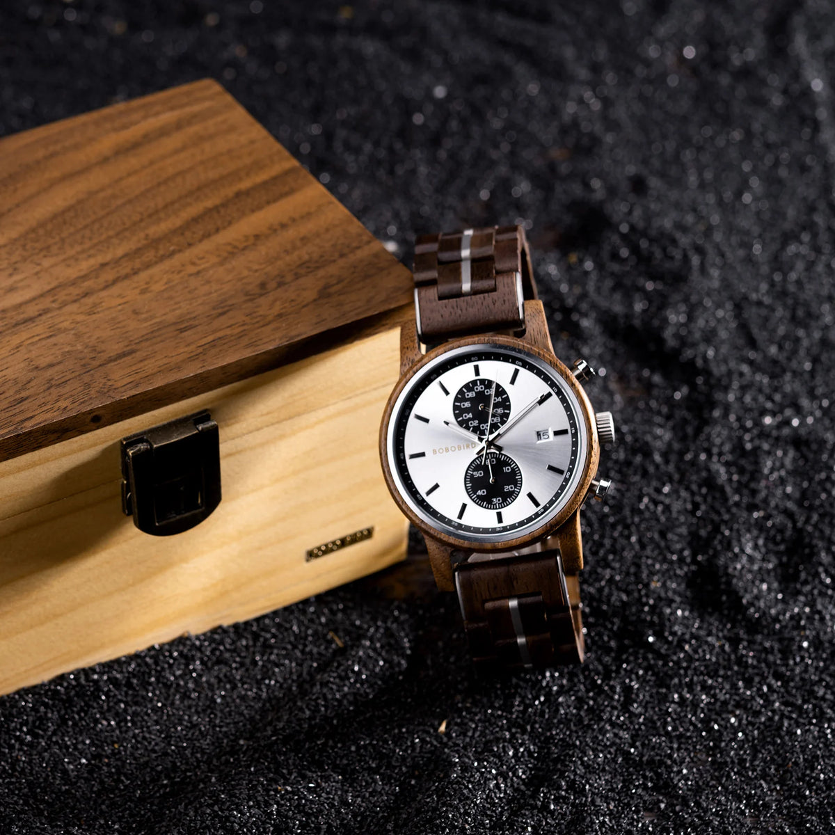 BOBO BIRD Wood Watch Men Business Quartz Watches Engraved Wooden Chronograph Wristwatch With Date Display Custom Reloj Madera