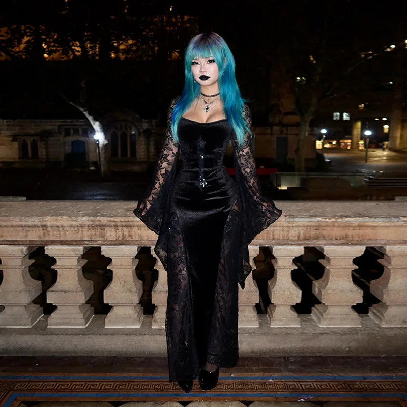 Holloween Gothic Subculture Velvet Lace Dress Cross Cutout Flare Sleeve Faux Fur Trim Bodycon Slim Fit Long Dress Party Outfit