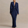 Women's Pleated Ankle-Length Dress With V-Neck And Batwing Sleeves