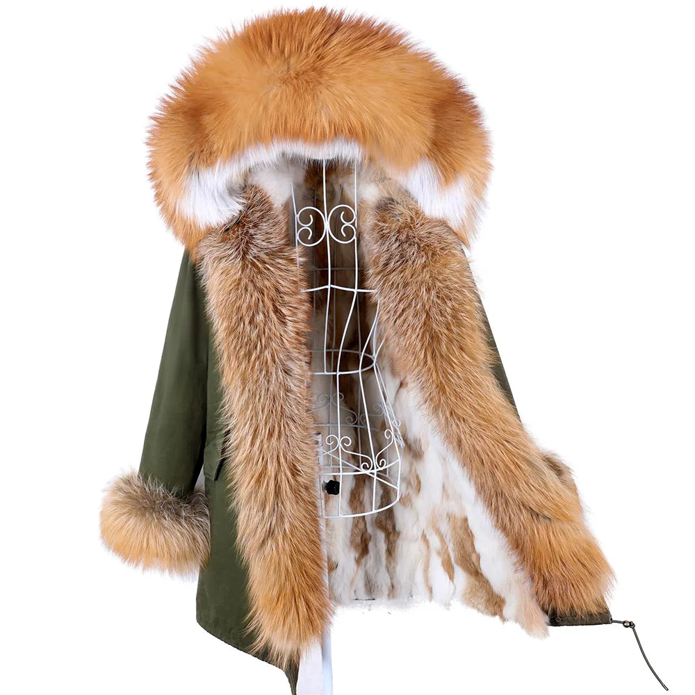 MAOMAOKONG 2026 Removable Real Fox Fur Collar Coats Woman Winter Jacket Hooded Rabbit Fur Lining Long Parkas Female Clothes