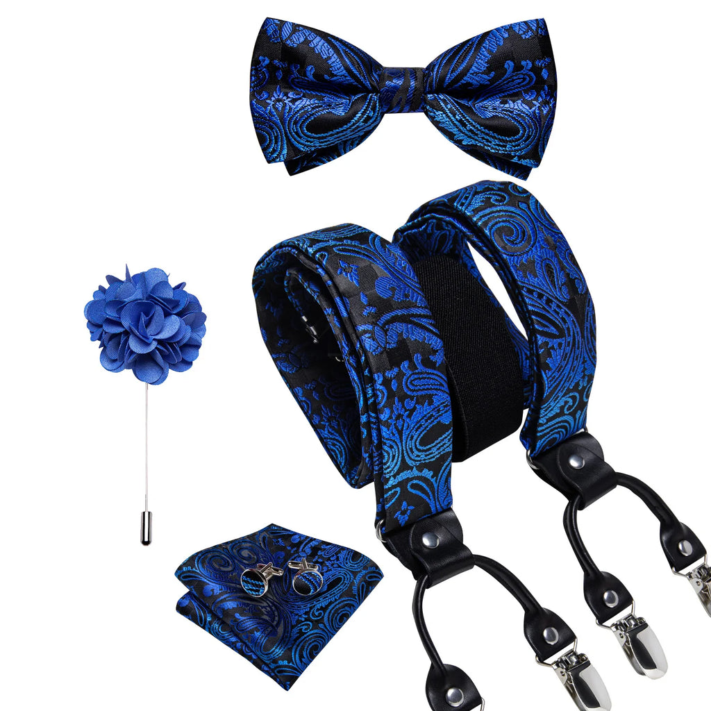 Luxury White Men's Suspenders Adjustable 6 Clips Braces DiBanGu Leather Metal Pre-Tied Bow Tie Brooch Pocket Square Set