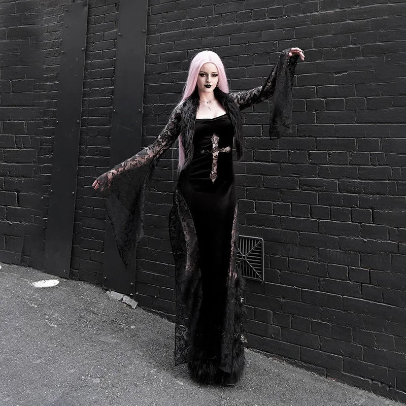 Holloween Gothic Subculture Velvet Lace Dress Cross Cutout Flare Sleeve Faux Fur Trim Bodycon Slim Fit Long Dress Party Outfit