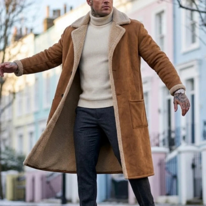 Men's Plus-Size Winter Long Fleece Coat with Turn-Down Collar