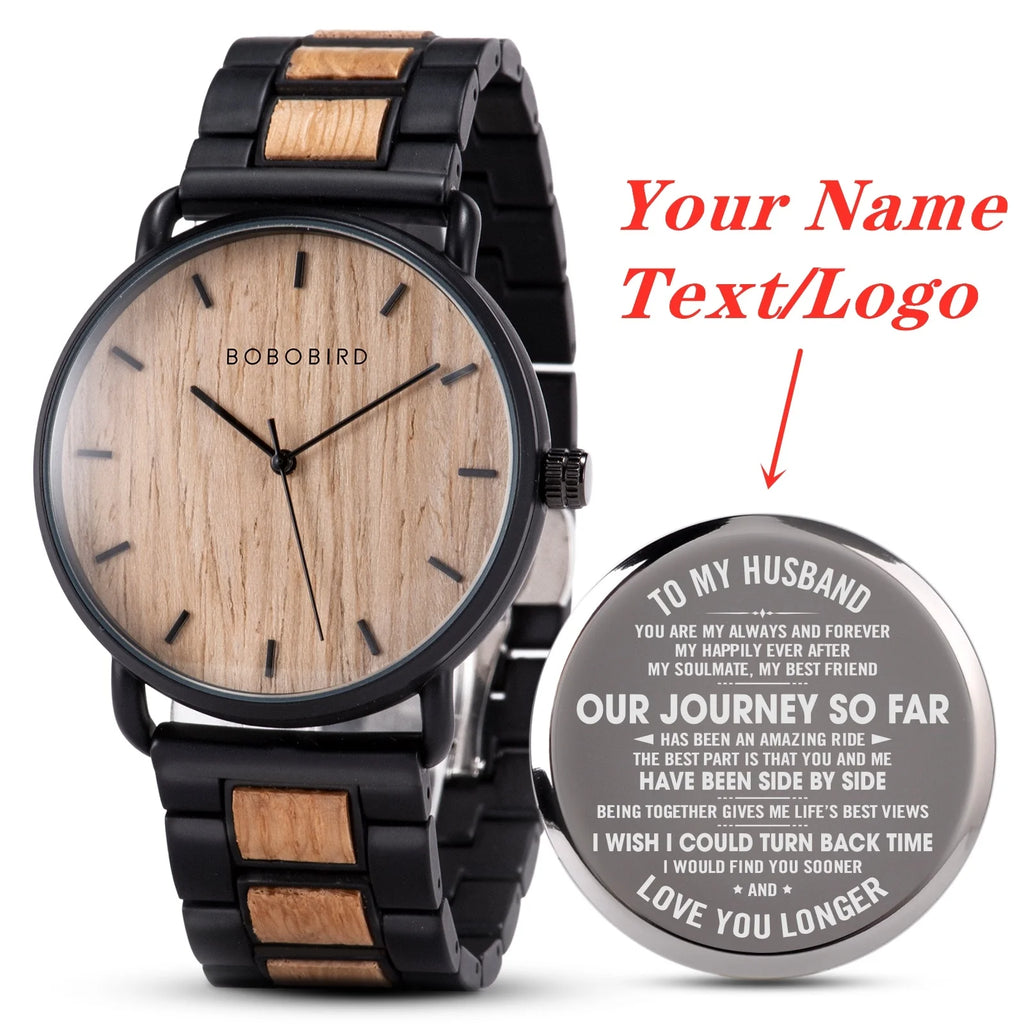 Engraved Wooden Watch Father's Day Custom Your Logo BOBOBIRD Quartz Wristwatch Men Boyfriend Birthday Groomsmen Anniversary Gift
