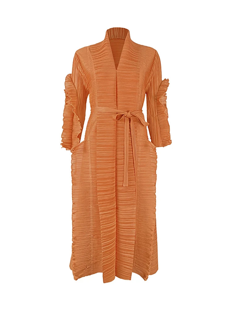Miyake Pleated Petal Sleeve Dress Lapel Cardigan Sashes High Fashion Loose Long Dresses Fall 2022 Winter Women Designer Clothes