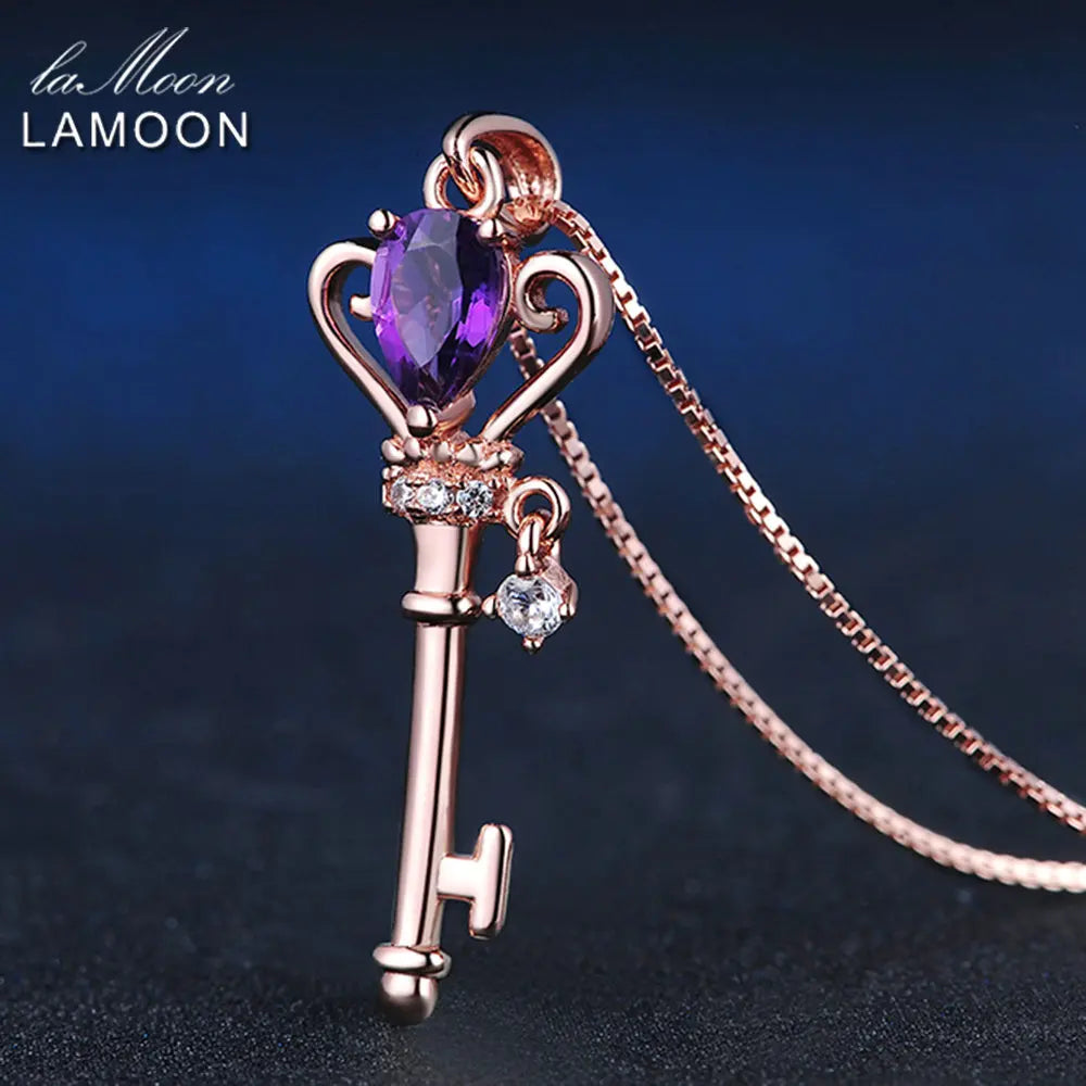 LAMOON Crown Key-hänge 925 sterling silver halsband smycke 0,4 ct ametist ädelstenar halsband roséguldpläterad kedja LMNI004