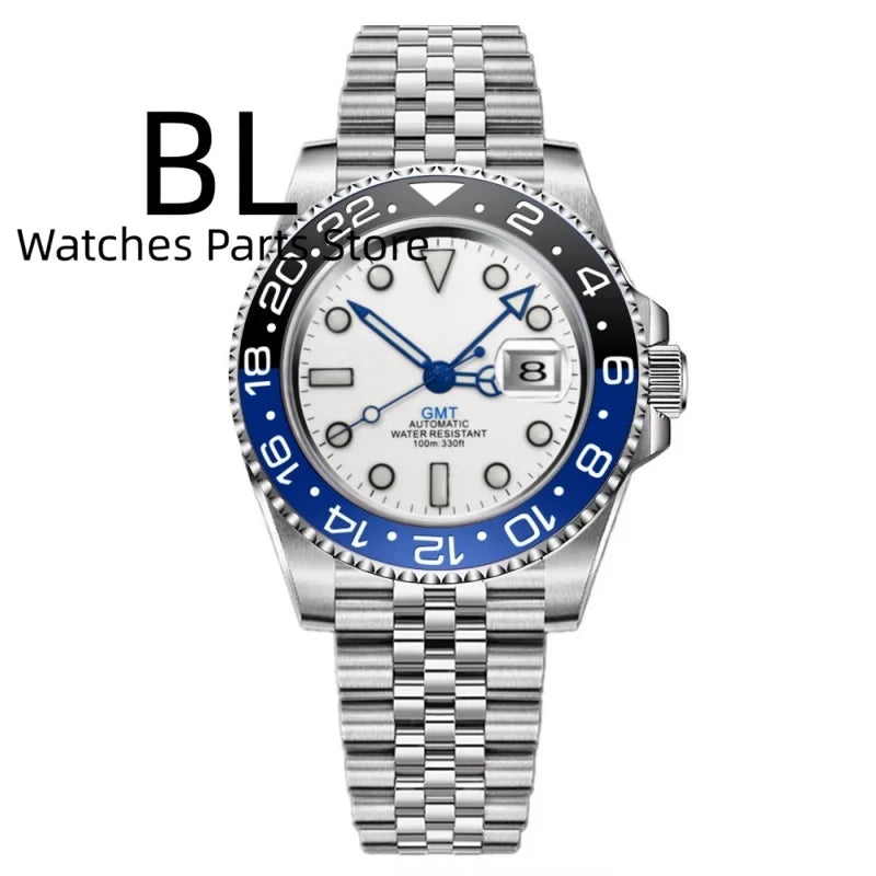 BLIGER 40mm Customizable Logo Blue GMT Watch for Men Black White Dial Green Luminous Sapphire Glass Waterproof Reloj Hombre Date
