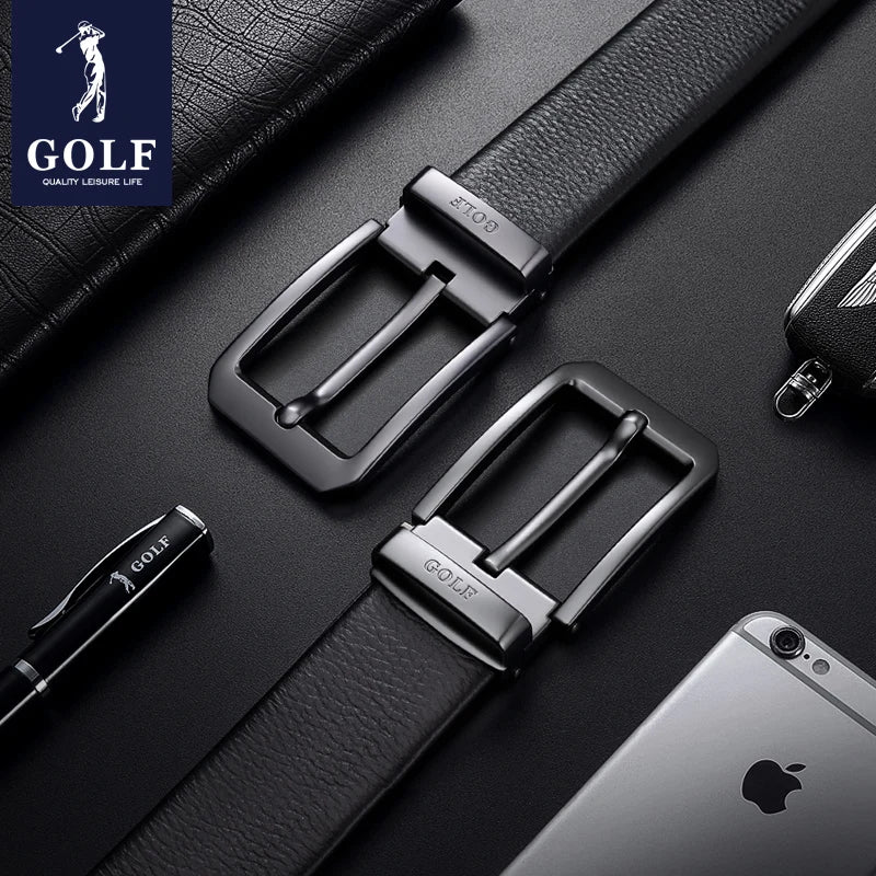Cinturón GOLF de piel auténtica con hebilla de aguja para hombre, sencillo y casual, cinturón de moda de piel de vaca de primera capa para pantalón, estilo de negocios