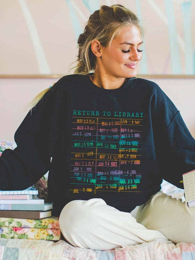 Vintage Library Rainbow Sweatshirt Return to Library Card Book Due Date Shirt Reader Gift for Librarian Trendy Apparel Top