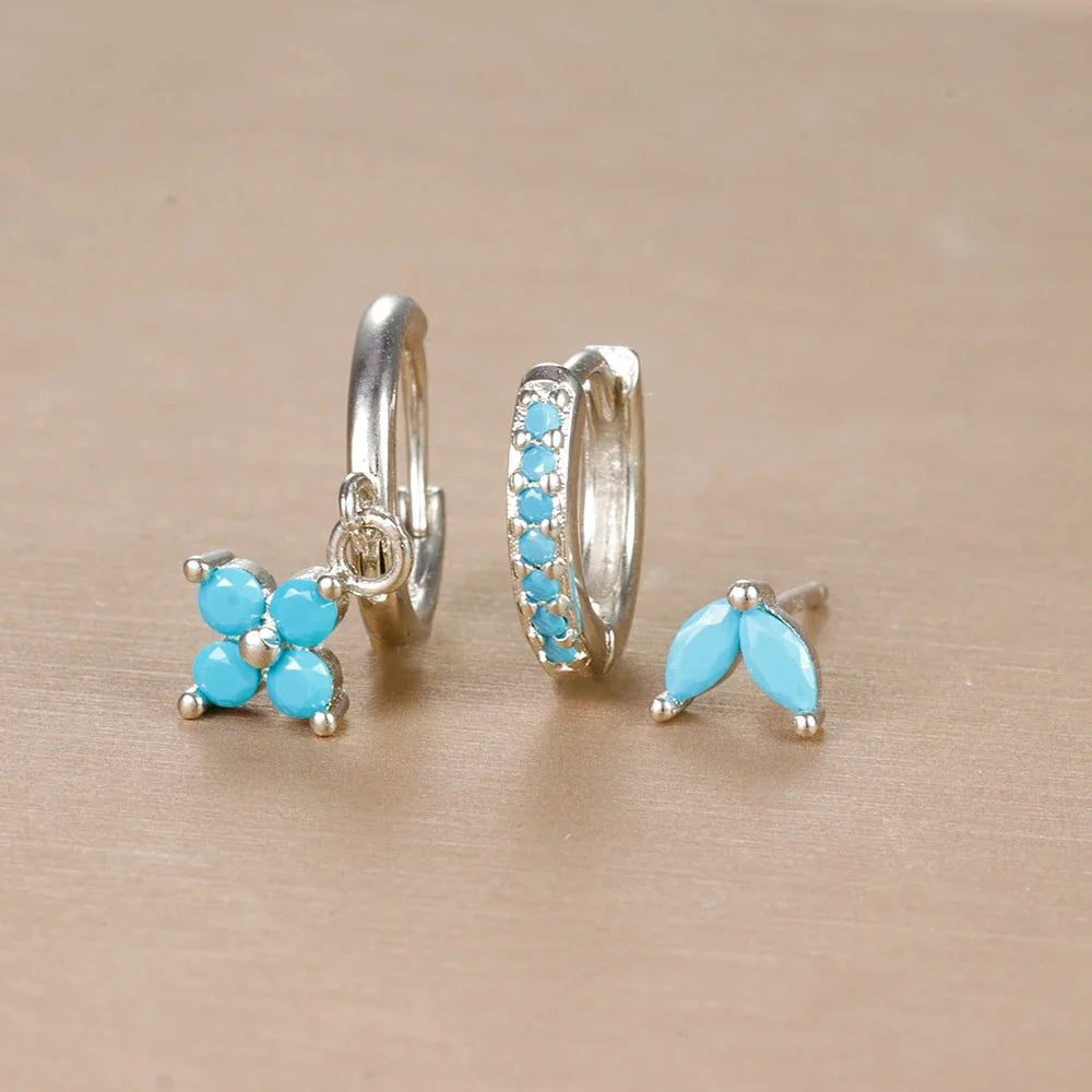 Pendientes de acero inoxidable con forma de flor y circonitas para mujer - Set de 3 piezas