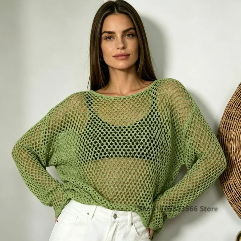 Women Tops Hollow Out Knit Sheer Mesh Tee Round Neck Long Sleeve Casual Summer Cover Up Casual Streetwear Top кофта женская