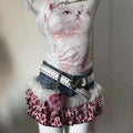 Leopard Patchwork Denim Mini Skirt High Rise Slim Fit for Women