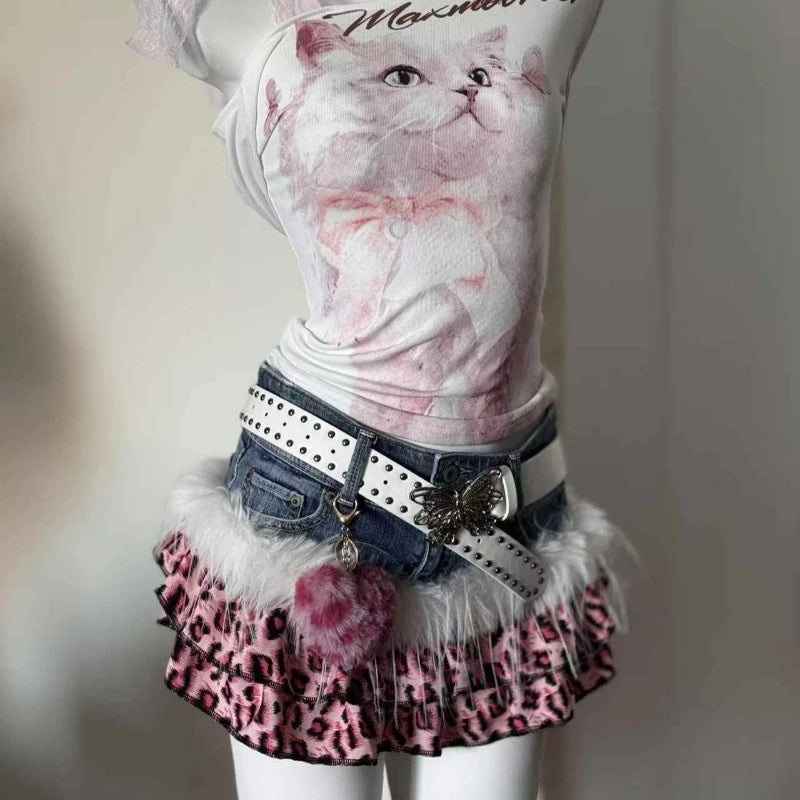 Damska spódnica mini z denimu w lamparcie łaty, wysoki stan, dopasowany krój