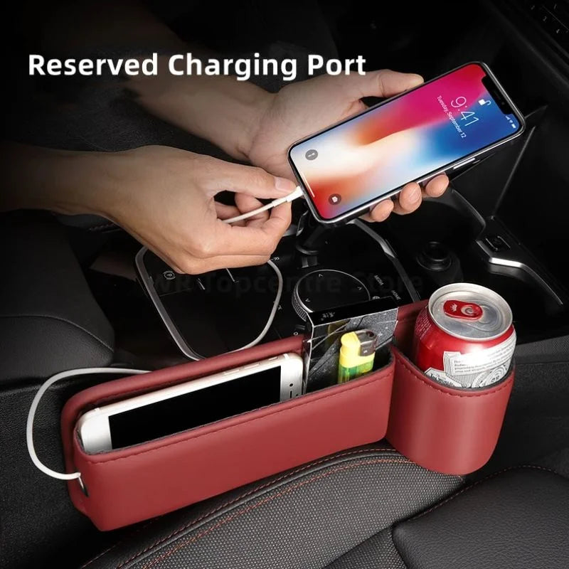 Leather Car Seat Gap Organizer with Cup Holder and Storage Pocket