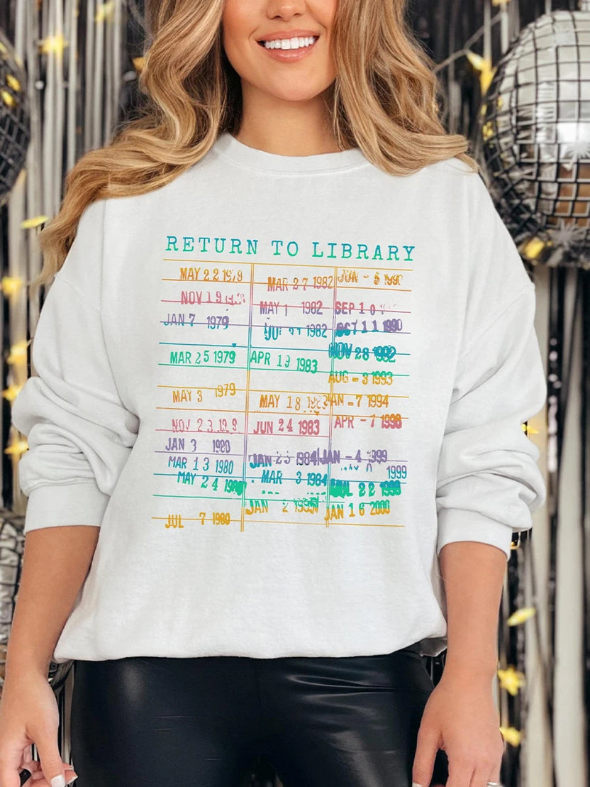 Vintage Library Rainbow Sweatshirt Return to Library Card Book Due Date Shirt Reader Gift for Librarian Trendy Apparel Top