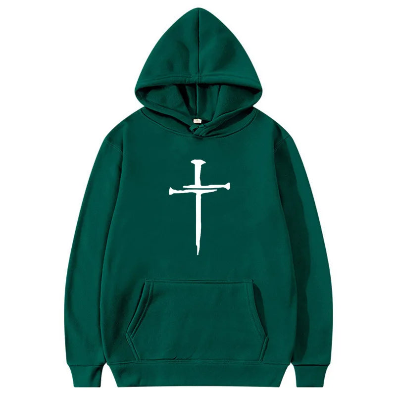 Men's Cross Graphic Hoodie - Black Casual Pullover Sweatshirt With Religious Symbol Print, Fashion Streetwear for Autumn/Winter