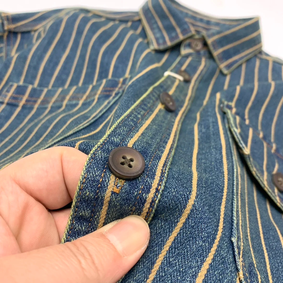 Chaqueta camisa de mezclilla a rayas estilo retro americano pesado, otoño 2025, para hombre, 100% algodón, estilo vintage lavado, abrigo casual holgado