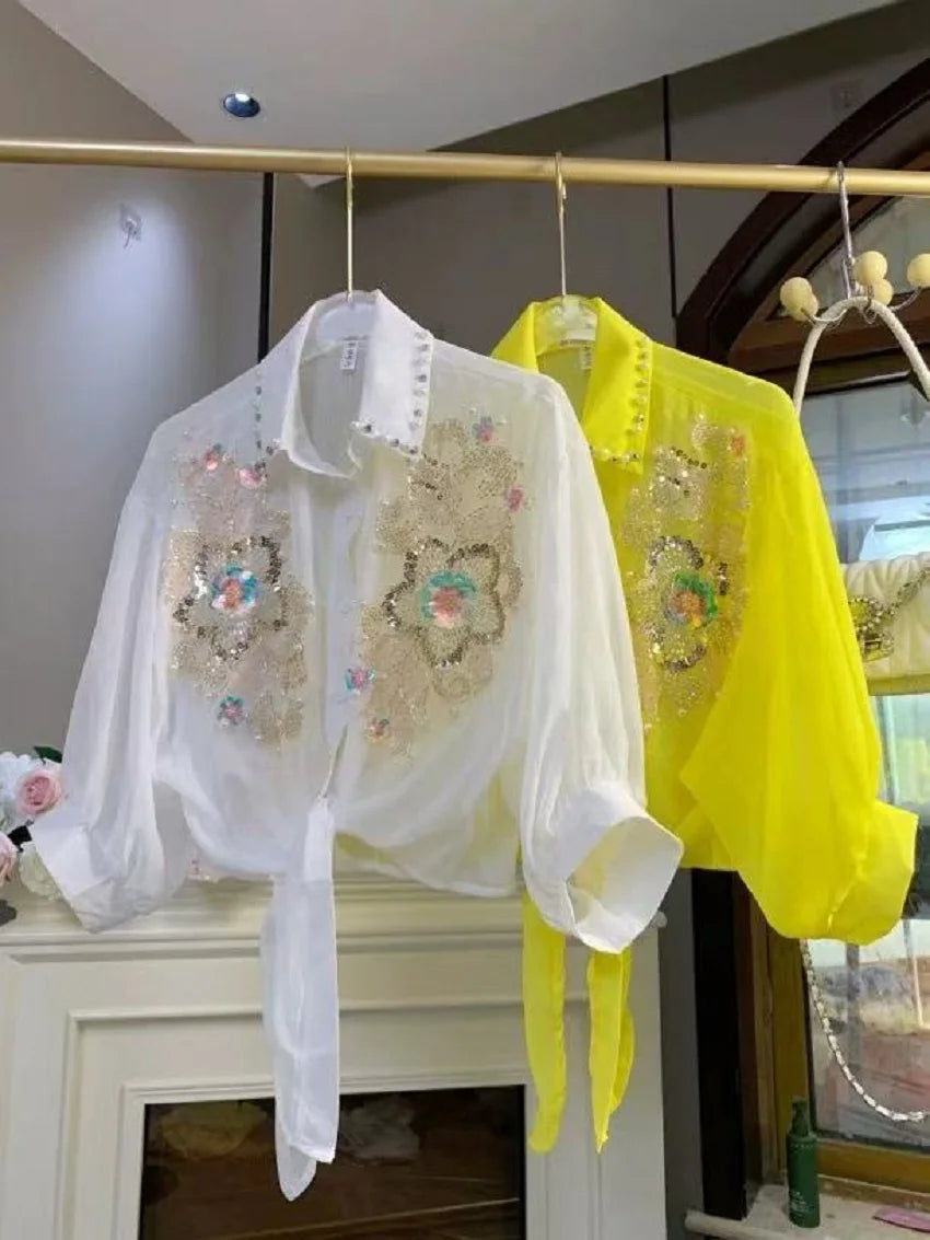 Sparkle Sequines Embroidery Blouses Shirts for Women Cardigans Spring Summer Sunscreen Top Korean Popular Clothes