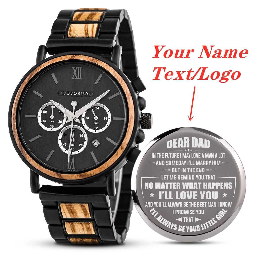 Engraved Wooden Watch Father's Day Custom Your Logo BOBOBIRD Quartz Wristwatch Men Boyfriend Birthday Groomsmen Anniversary Gift